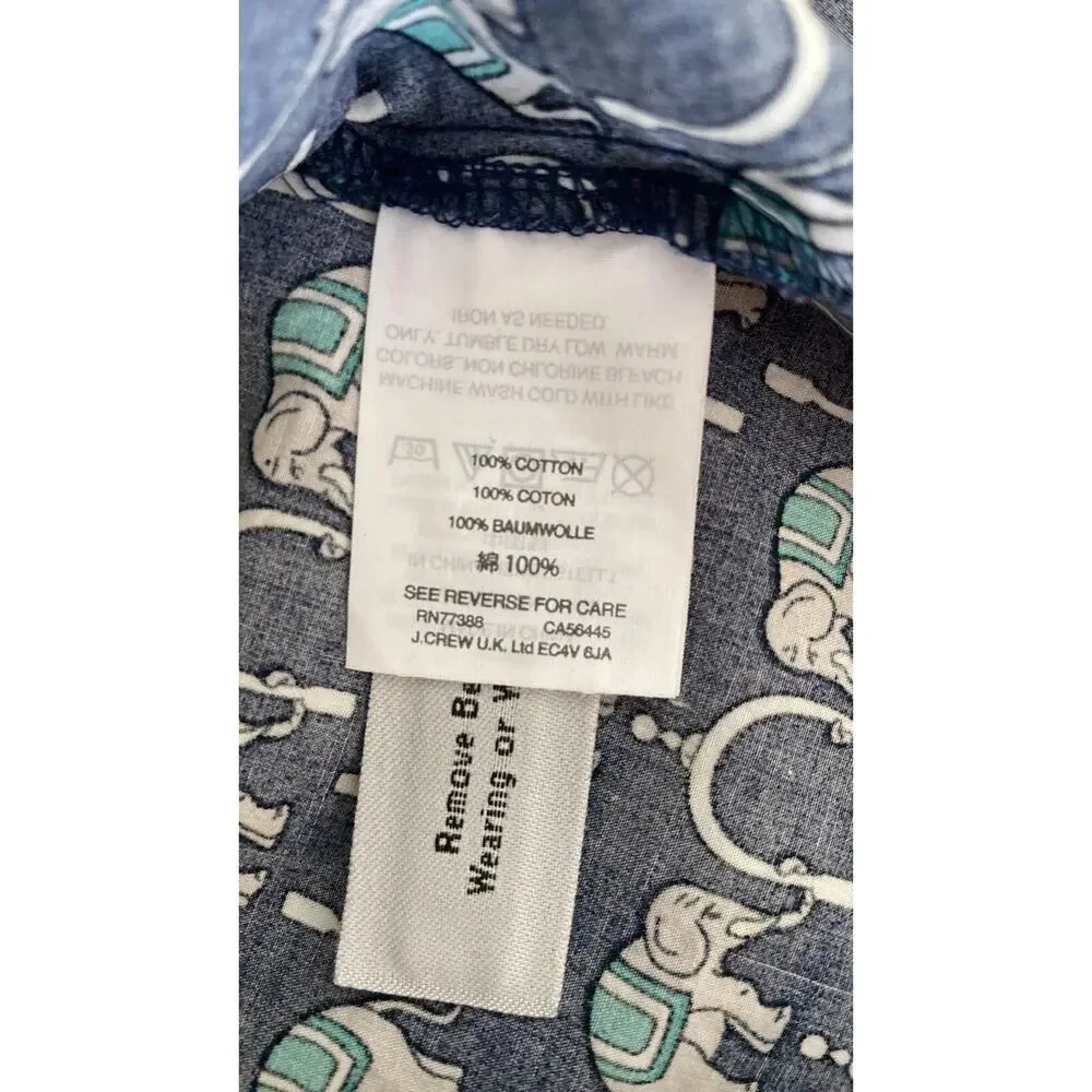 J. Crew Long Sleeve Perfect Fit Novelty Print Elephants Shirt 00 Navy Blue White